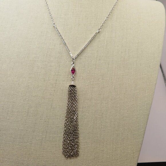 Sarah Coventry Vintage Silver Tone with Pink Rhinestone Tassel Necklace - Picture 2 of 8